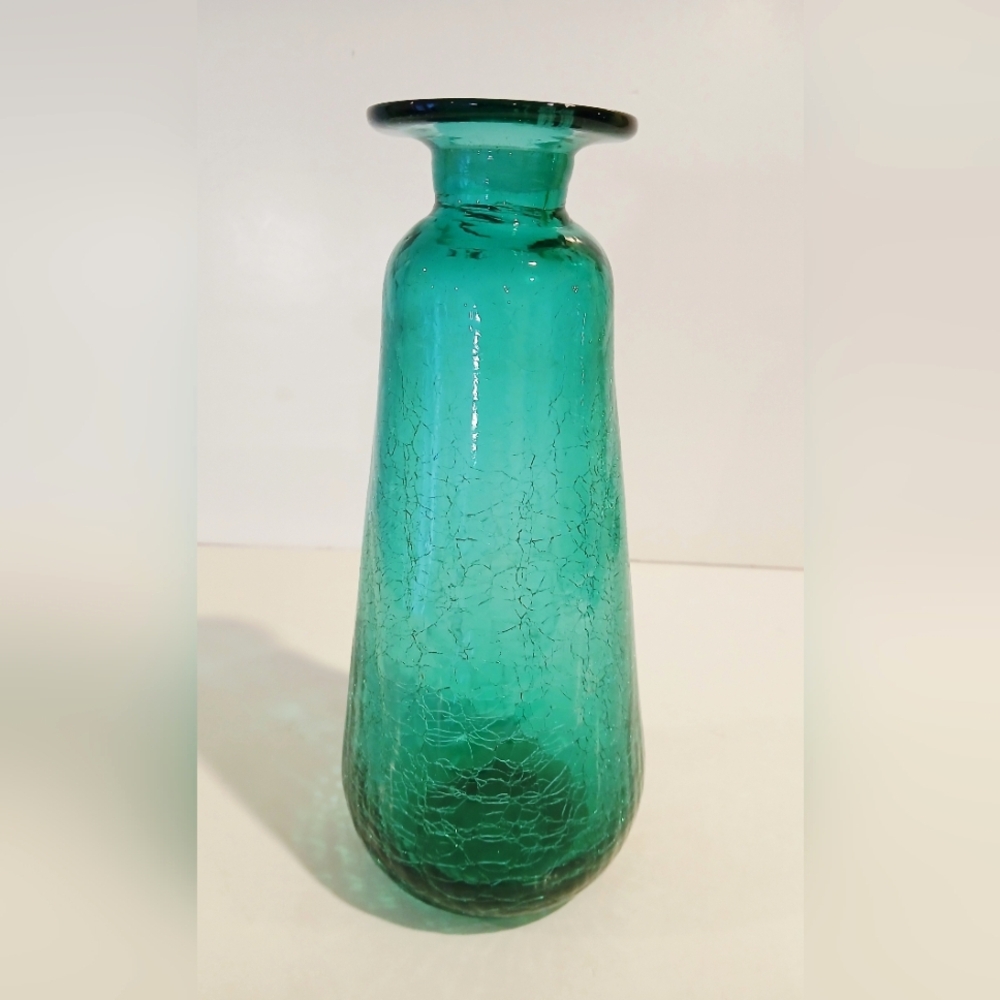 Vintage Teal Blown Crackle Glass Vase